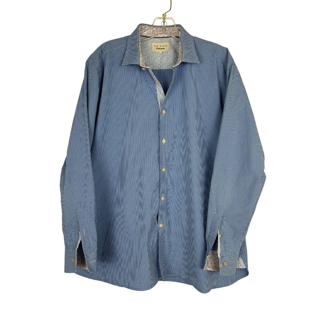 Ted Baker Men's Franks Trim Fit Houndstooth Shirt 100% Cotton Blue Sz 17.5 34/32